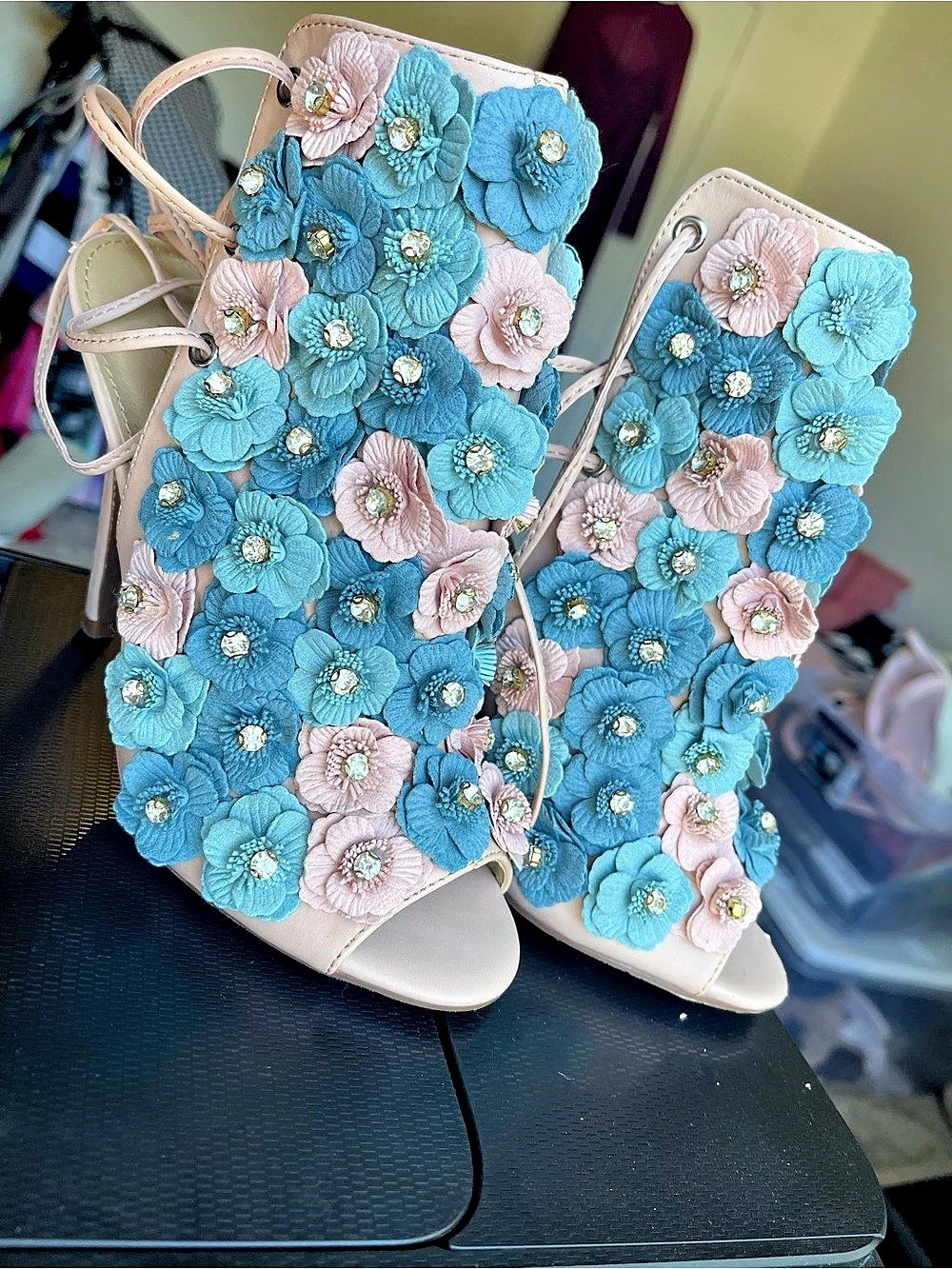 AKIRA After The Rain Floral Stiletto Heel Bootie in Pink & Blue